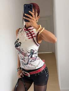 StreetHx 女士街头风中国画印花修身背心