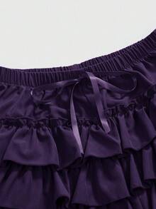ROMWE Kawaii 女士夏季休闲时尚哥特风抽绳腰带多层荷叶边撞色蕾丝南瓜短裤 - 紫色 - 查看 3