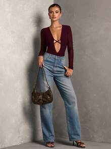 SHEIN BAE 女士纯色深V领网纱拼接长袖性感连体衣 - 紫紅色 - 查看 3
