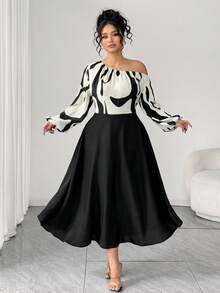 Elenzga 大码女式印花拼接喇叭连衣裙，优雅廓形，适合商务休闲场合，露肩设计，春秋季百搭单品 - 黑與白 - 查看 4