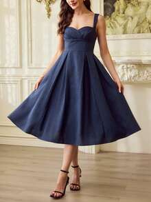 Vintamour 复古经典优雅女士连衣裙，修身藏蓝色褶皱胸部吊带裙，细肩带连衣裙，宽肩带连衣裙，秋冬款 - 藏蓝色 - 查看 3