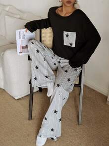 Dream Adore Women's Casual Loose Round Neck Striped & Star Print Pajama Set - Black and White - View 5
