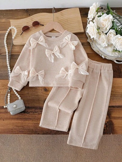 Genkimix Kids Young Girls' Apricot Sweet Bow Decor Cute & Elegant Round Neck Long Sleeve Sweater With Apricot Knit Pants Set, Suitable For Outings, Casual, Birthday Party