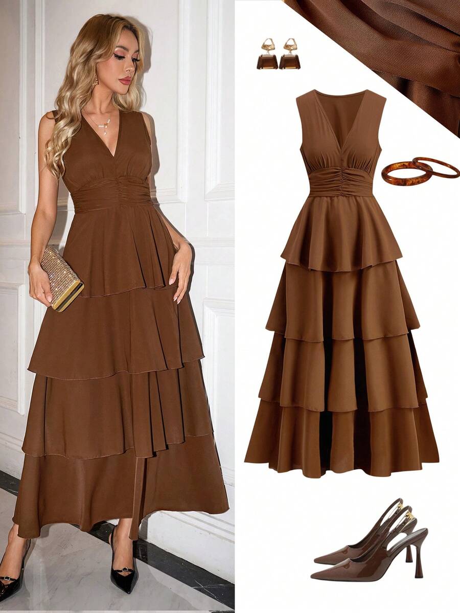 Ellevyn 女士优雅超长蛋糕裙连衣裙，V领松紧腰女神裙，适合派对和活动，秋冬季，棕色 - 棕色 - 查看 1