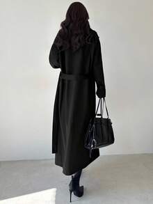 Firerie 女式卡其色翻领仿皮袖收腰双排扣中长款风衣，长袖防风衣，春秋冬，通勤，优雅，日常，工作服 - 黑色 - 查看 2