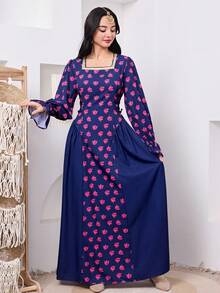 SHEIN Teen Girl Vacation Square Neck Woven Ribbon Navy Blue Madder Rose Print Side Tie Patchwork Dress - Navy Blue - View 4