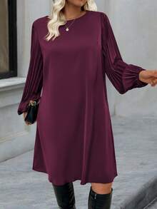 EMERY ROSE Plus Size Women Casual Loose Solid Color Long Sleeve Dress - Hot Pink - View 4