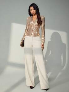 Lyxana Women V-Neck Button Front Long Sleeve T-Shirt - Champagne - View 5