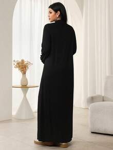 Al Najma 女士黑色长袖宽松保守阿拉伯风格纹理连衣裙 - 黑色 - 查看 2