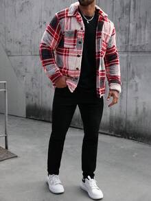 Manfinity CasualCool Chaqueta de forro polar con bolsillo de parche de patrón a cuadros casual para hombres, adecuada para el trabajo y el transporte, otoño/invierno - Multicolor - Ver 5