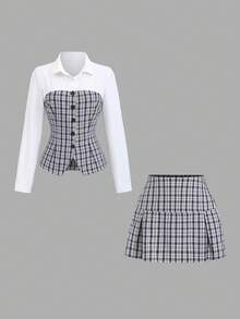 Sweetra طقم قطعتين بطراز بريبي مكون من قماش مربعات ملصق مع خصر مشدود وياقة كلاسيكية، حافة غير متماثلة، متعدد الاستخدامات يناسب جميع الملابس، طلة فتاة حلوة وأنيقة، إطلالة موسمية للخريف المبكر - متعدد الألوان - مشاهدة 1