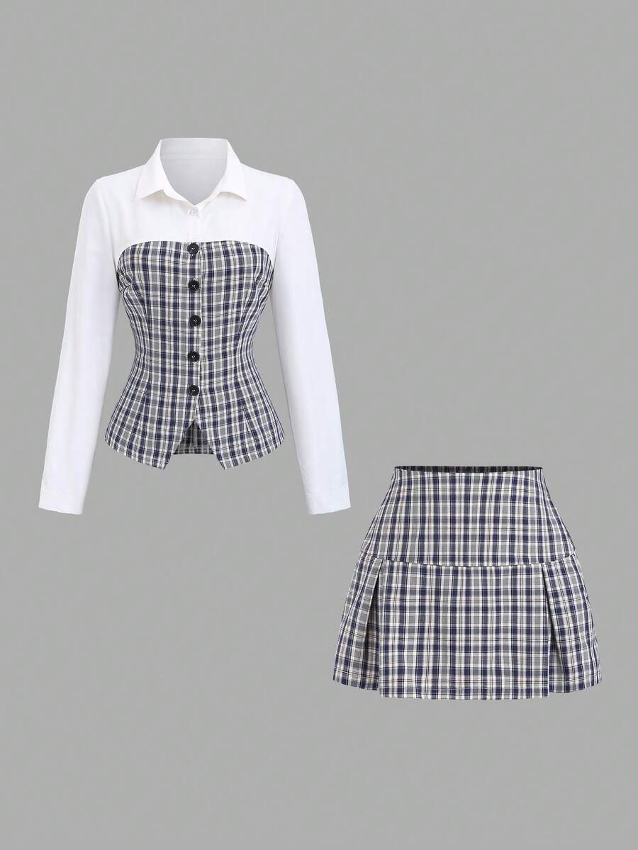 Sweetra طقم قطعتين بطراز بريبي مكون من قماش مربعات ملصق مع خصر مشدود وياقة كلاسيكية، حافة غير متماثلة، متعدد الاستخدامات يناسب جميع الملابس، طلة فتاة حلوة وأنيقة، إطلالة موسمية للخريف المبكر - متعدد الألوان - مشاهدة 1