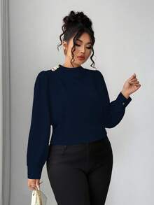 Elenzga Plus Size Solid Color Stand Collar Button Decor Elegant Long Sleeve Shirt - Royal Blue - View 6