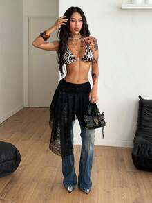 Coolane Chân váy ren đen viền bất đối xứng dành cho nữ - màu đen - Xem 2