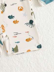 SHEIN 婴儿/男童鲸鱼印花长袖防晒泳衣，带宽檐泳帽 - 彩色 - 查看 4