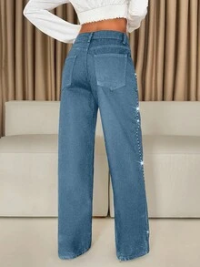 Low Waist Stud Detailed Straight Jean - Light Wash - View 3