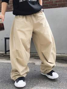 DAZY 弹性腰带和膝盖双折边设计米色男士长裤，秋季款 - 米色 - 查看 1