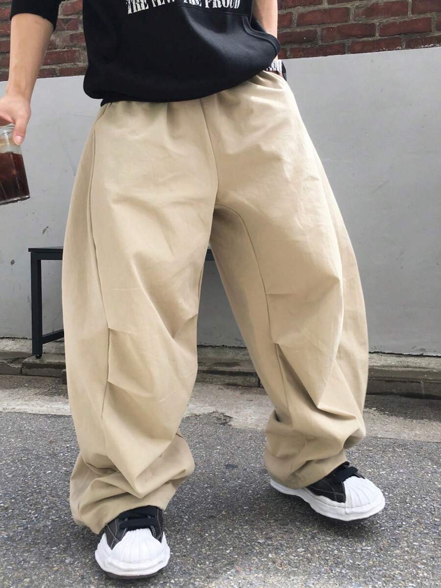 DAZY 弹性腰带和膝盖双折边设计米色男士长裤，秋季款 - 米色 - 查看 1