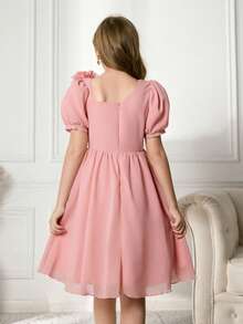 女童圆领泡泡袖碎花腰身圣诞派对连衣裙 - 粉色 - 查看 2