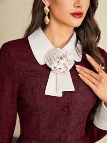 Vintamour 两件套复古经典优雅女士套装，秋冬款，修身撞色领，3D立体花卉设计 - 酒紅色 - 查看 3