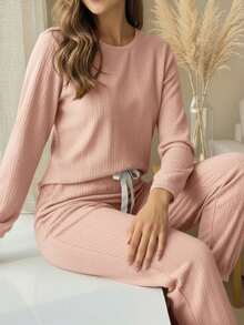 Conjunto de 2 piezas de pantalón y blusa de manga larga de cuello redondo de unicolor, de punto jacquard, holgado y casual para mujer, ropa de otoño e invierno - Rosa - Ver 2