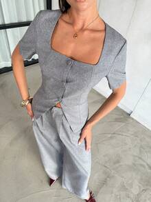 Lavishia Women's Elegant Square Neck Design Gray Pant Suit,Summer Holiday Outfits Office Wide Leg Pants Set,Casual Two Piece Set Clothes - Grey - View 2