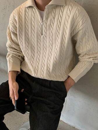 Manfinity Mode プラスサイズ メンズ 無地 長袖 ハーフジップネック ルーズカジュアル アーバン ケーブルニットセーター、秋冬