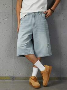 Teen Boys Wide Leg Denim Shorts, Vintage Light Blue Denim Single Piece, Spring/Summer New Arrival, Streetwear Campus Style, Outdoor Casual Fashion, Washed Comfortable Cotton Fabric, Versatile Minimalist Fashion Design, Distressed Ripped Loose Fit, Elastic Waistband, Campus Daily Party Outfit, Wardrobe Essential, Vacation Travel School Commute, New Arrival - Light Wash - View 4