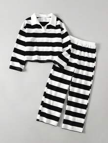 Ontre Tween Girl Black & White Striped Patchwork Collar Sweatshirt & Pants Casual Outfit - Black and White - View 1