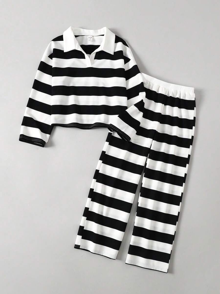 Ontre Tween Girl Black & White Striped Patchwork Collar Sweatshirt & Pants Casual Outfit - Black and White - View 1