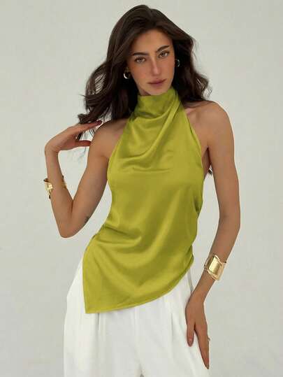 Aloruh Blusa sin mangas de unicolor con cuello halter, espalda descubierta y bajo asimétrico para mujer