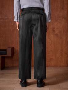 Officeau 男士条纹印花阔腿裤，配腰带，适合秋冬春夏穿着 - 黑色 - 查看 2