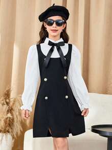 Sparklyn Vestido de niña preadolescente de manga abullonada con bloque de color elegante