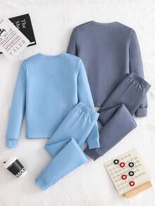 男童纯色休闲针织柔软舒适长袖T恤和打底裤睡衣套装（2件套） - 彩色 - 查看 2