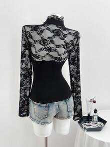 Elamini Women's Summer Elegant Blouse With Stand-Up Collar, Slim-Fitting & Lace Cutout Paneled – Ideal For New Year Party - Black - View 2