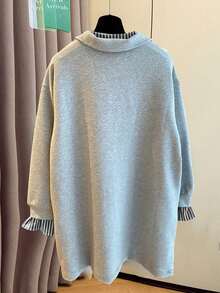 Resyla 女士休闲日常通勤时尚街头拼接条纹印花V领落肩宽松二合一卫衣，春秋季 - 彩色 - 查看 2