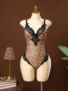 Plusstorlek Dam Leopardmönster Sexig Spets Patchwork Camisole Bodysuit - Multifärgad - Visa 3