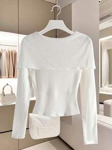 GlowEve Women's Fashionable Versatile Solid Color Waist Cinched T-Shirt, Autumn/Winter - White - View 2
