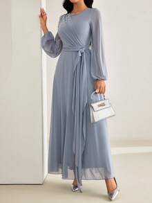 Veilorie Đầm dự tiệc cocktail phong cách Ả Rập cổ tròn thắt eo thiết kế ngọc trai giả trang trí thanh lịch cho nữ - Màu xanh lam - Xem 8