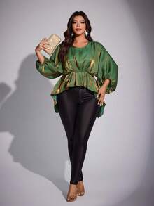 Viva Relle Plus Size Women's Elegant Date Night, Party, Daily, Commute, Music Festival Bat Wing Tie Waist Shiny Fabric Ruffle Design Blouse - Mint Green - View 6