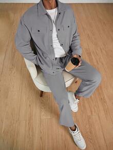 Manfinity Hypemode Men's Waffle Textured Jacquard Shirt And Pocket Pants Casual Suit - Grey - View 4