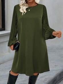EMERY ROSE Plus Size Women Solid Color Round Neck Pleated Lantern Sleeve Straight Loose Casual Dress - Army Green - View 6