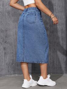 Flexra Plus Size Solid Color High Slit Pocket Fashionable Denim Mini Skirt - Medium Wash - View 2