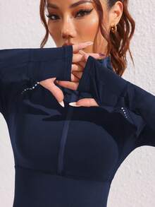 Easithlete Women's Minimalist Polka Dot Print Half-Zip Stand Collar Kangaroo Pocket Fitted Sporty Sweatshirt - Navy Blue - View 6