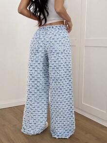 SHEIN PETITE 女士时尚格纹面料，毛边细节，毛边裤脚，直筒宽松中腰休闲牛仔裤，冬季圣诞新年派对浅色水洗格纹牛仔裤 - 中等水洗藍 - 查看 4