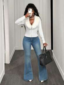 BamGleam 女士休闲纯色仿毛领拉链外套 - 白色 - 查看 5