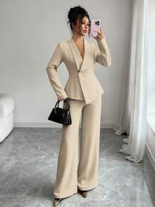 Elenzga Bộ vest nữ, vải vest, cổ ve áo, tay dài, cạp chun, dáng chữ A, viền bất đối xứng, trang trí nút kim loại, tinh tế và thanh lịch, phù hợp cho công sở, đi làm, phong cách đường phố, lãng mạn kiểu Pháp, thường ngày, cổ điển Trung Đông, trà chiều, tiệc tùng, lễ tạ ơn, trở lại trường, xuân/thu/đông - Màu Khaki - Xem 5