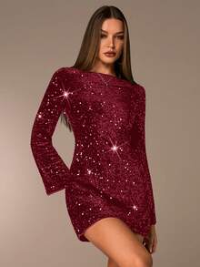 Avantive Women's Elegant Sequin Backless Mini Dress, Autumn - Burgundy - View 4