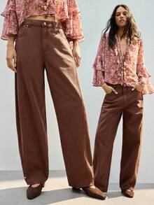 Maija Brown Wide-Leg Jeans, American Retro Casual Pants, Loose-Fitting Washed Cotton Curved Pants,Winter Banana Pants - Brown - View 1