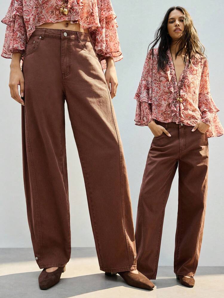 SHEIN Maija Brown Wide-Leg Jeans, American Retro Casual Pants, Loose-Fitting Washed Cotton Curved Pants,Winter Banana Pants